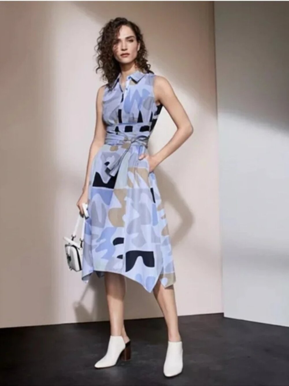 Lafayette 148 New York Sleeveless Cordelia Printed Midi Shirtdress Blue Stripe M